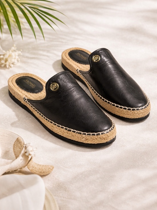 Michael Kors Hastings Leather Espadrille Mule Black Logo Slide Slip On Size 7 - Picture 1 of 12